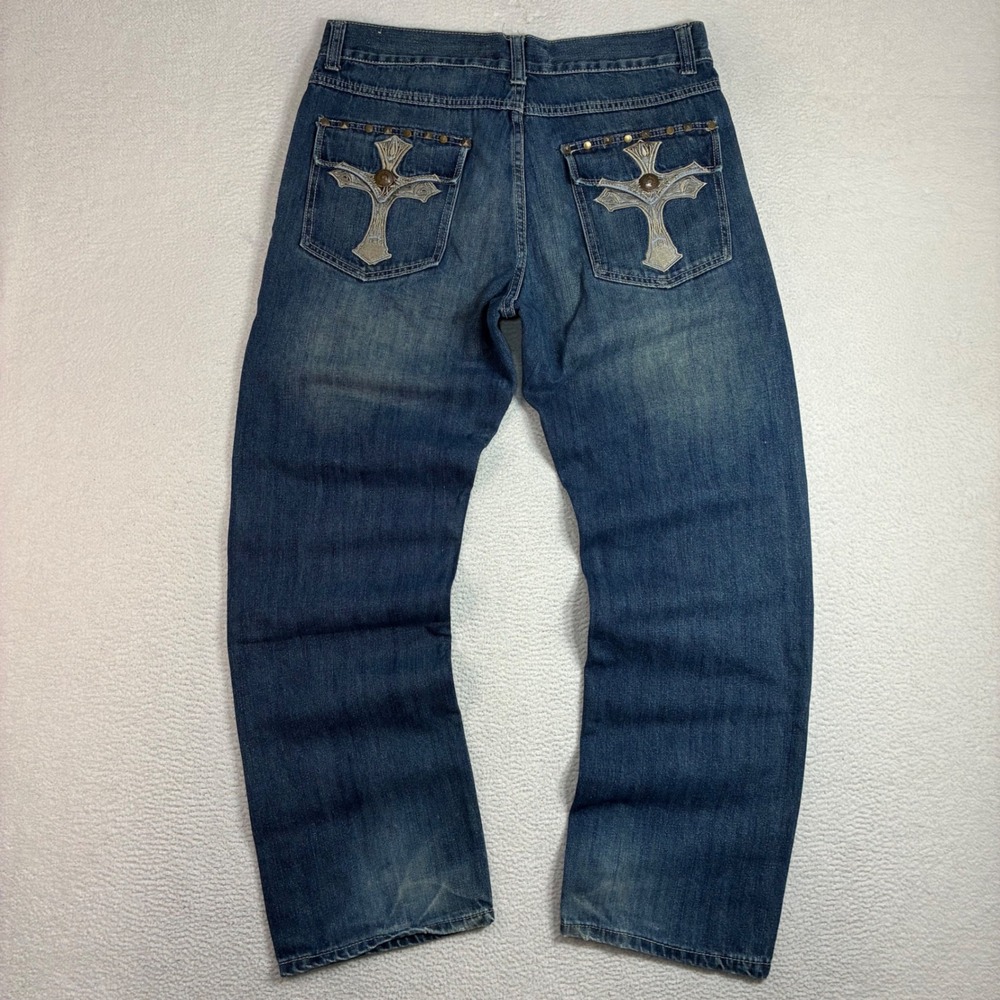 Y2K PJ Mark Baggy Jeans Men 36x32 Blue Faded Embroidered Denim Cross Vintage